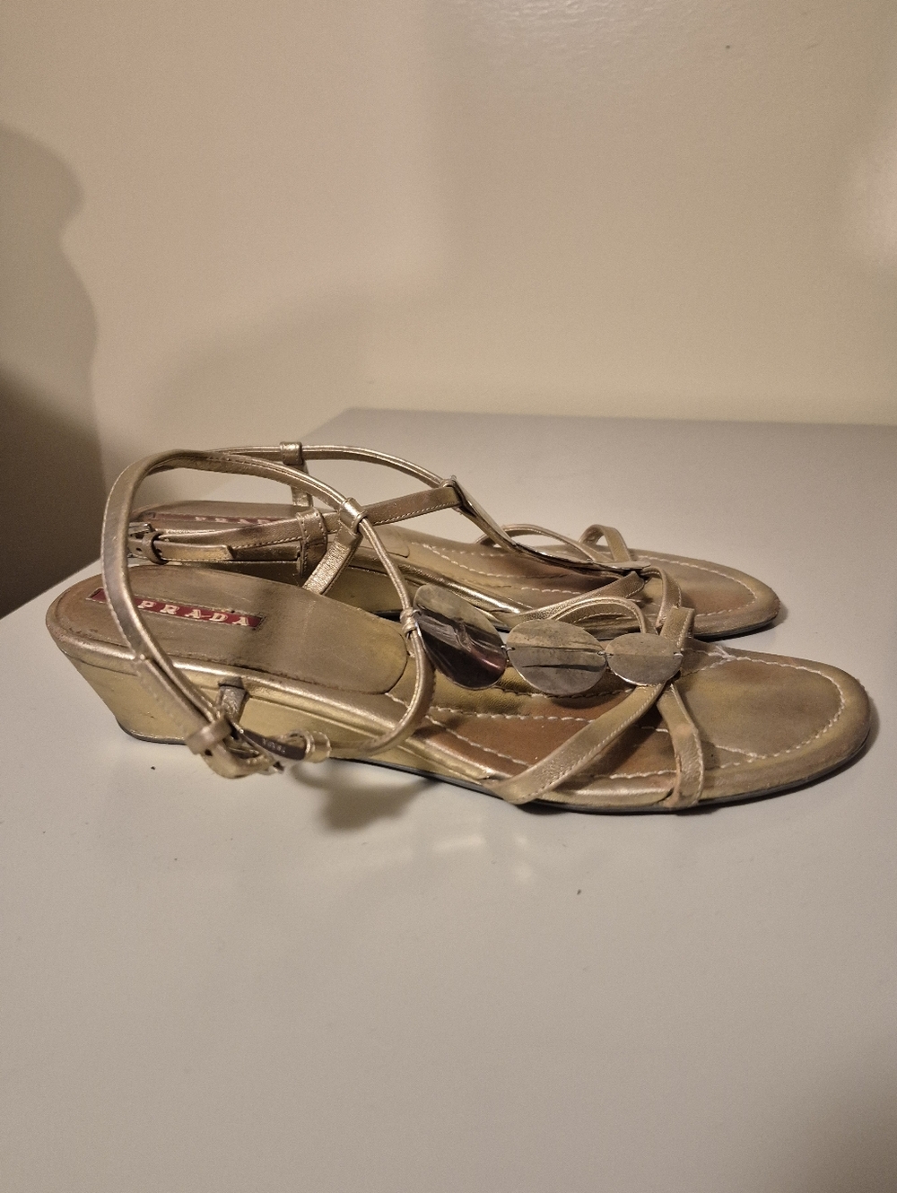 Prada Gold Tone Leather Sandals 38
